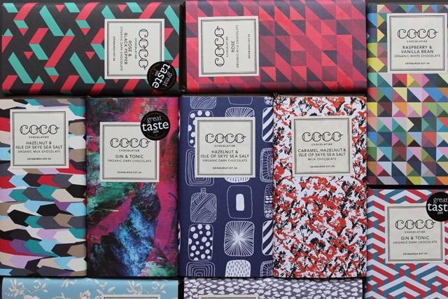 bars of luxury chocolate in colourful wrappers