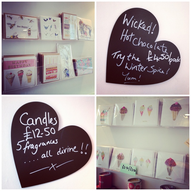 a collage of images two of ice cream themed cards and two of heart shaped chalk board signs with information and prices written on at Wendys Ice Creams