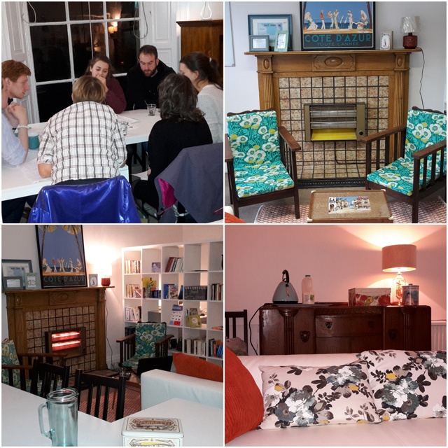 four images of the interior of a language school