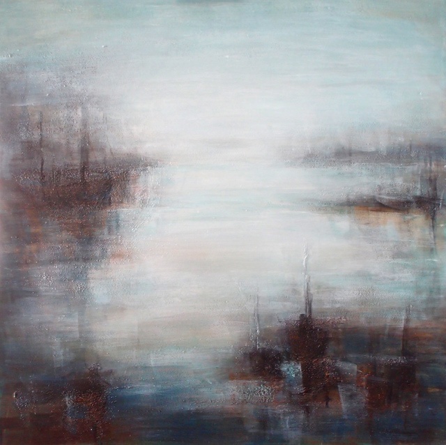 painting of an artists impression of boats in a misty harbour at Alpha Art
