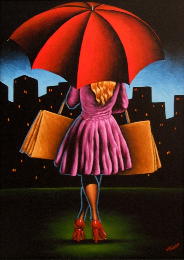 painting of a woman wearing a pink dress, holding shopping bags and a red umbrella