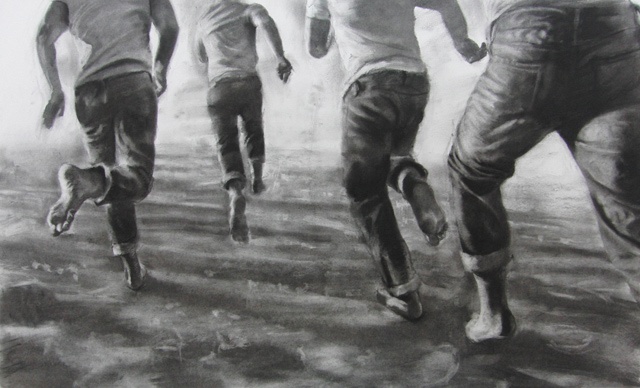 black and white pencil drawing of four barefoot men running on a beach