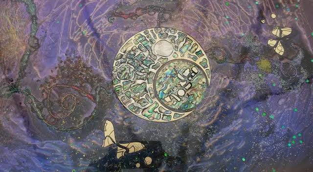 painting of two gold disks covered in shells on a purple background