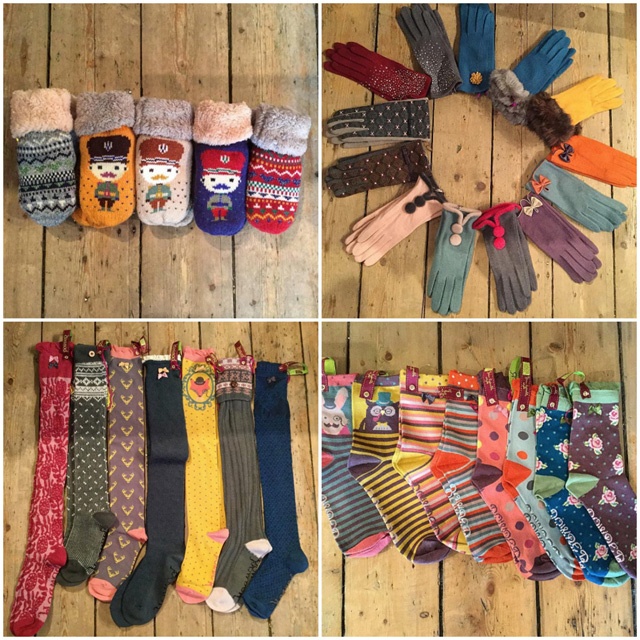 four images of winter socks and gloves on a wooden floor