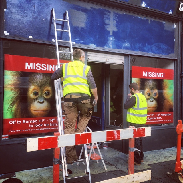 two men in hi-viz vests remodel a shop front