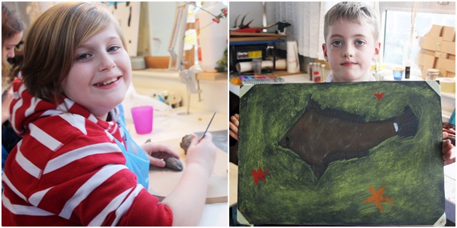 two separate images of children in an art class
