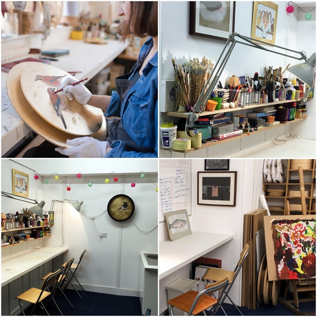a collage of four images from an art class