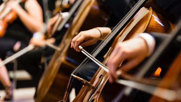 male and female orchestra musicians dressed in black