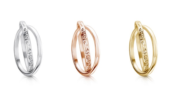 three linked rings in white rose and yellow gold by Sheila Fleet