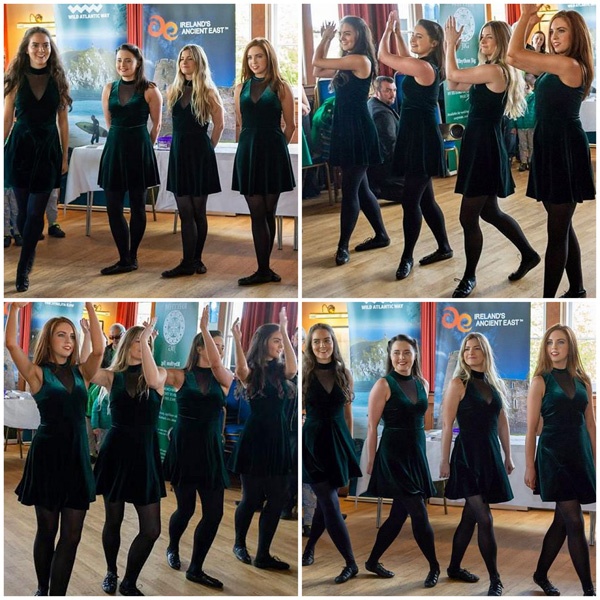 a collage of four images of traditional female Irish dancers in short dark green sleeveless dresses, black tights and shoes