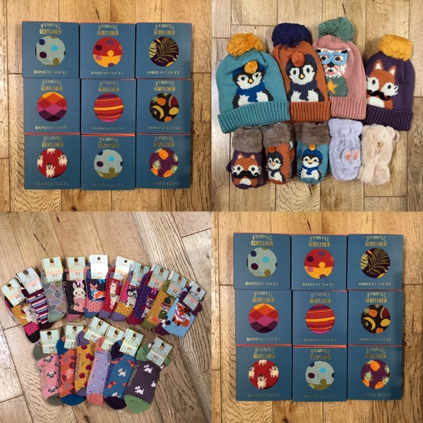 a collage of Christmas gift socks and hats sets in a gift shop