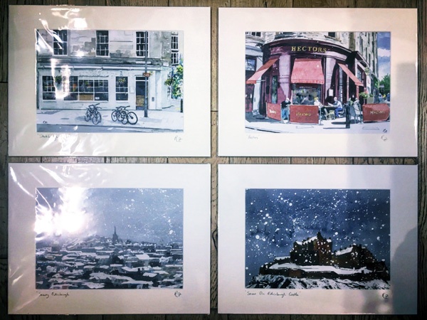 various watercolours of Edinburgh street scenes