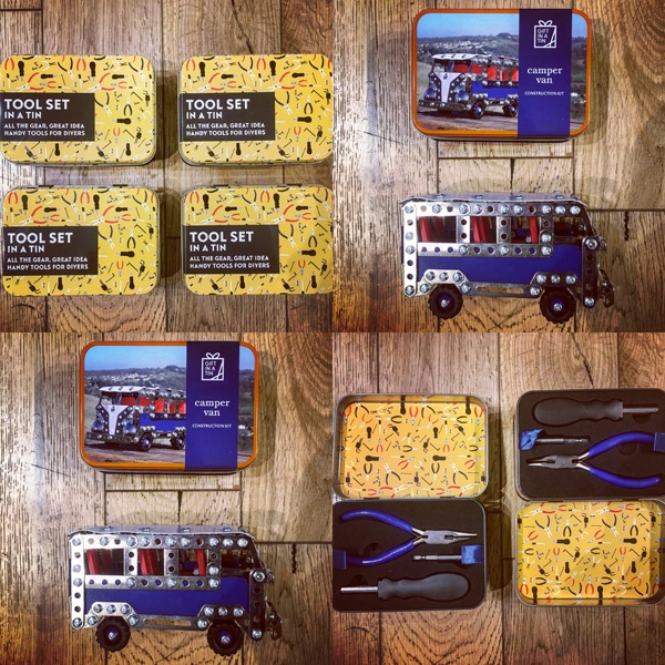 a collage of tool sets in a gift shop