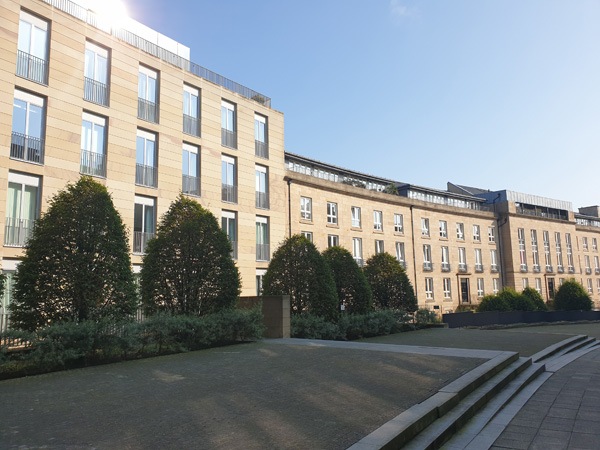 blue skies and a modern building curving around trees