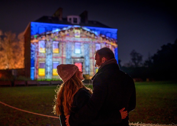 Christmas lights projection on to a building