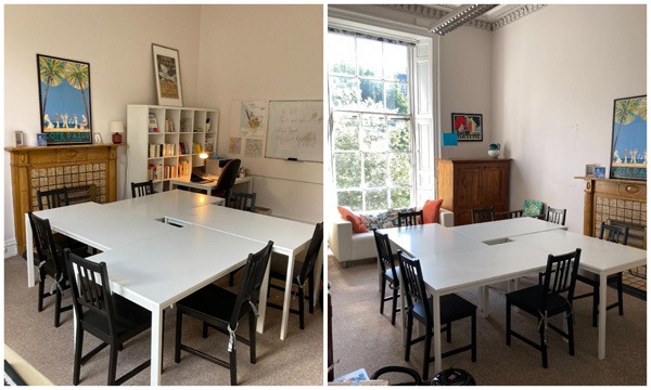 empty desks and chairs in a classroom