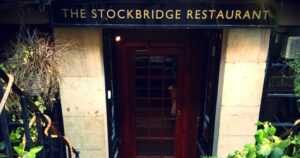 The basement entrance to The Stockbridge Restaurant on St Stephen Street in Edinburgh