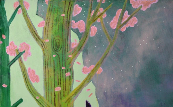 An abstract painting of a tree in pink bloom by artist Julie Ann Simpson for an exhibition in Stockbridge Edinburgh